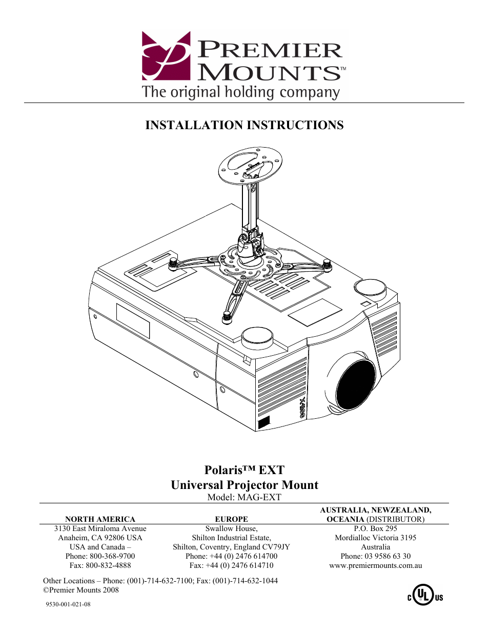 Premier Mounts Polaris Universal Projector Mount MAG-EXT User Manual | 8 pages