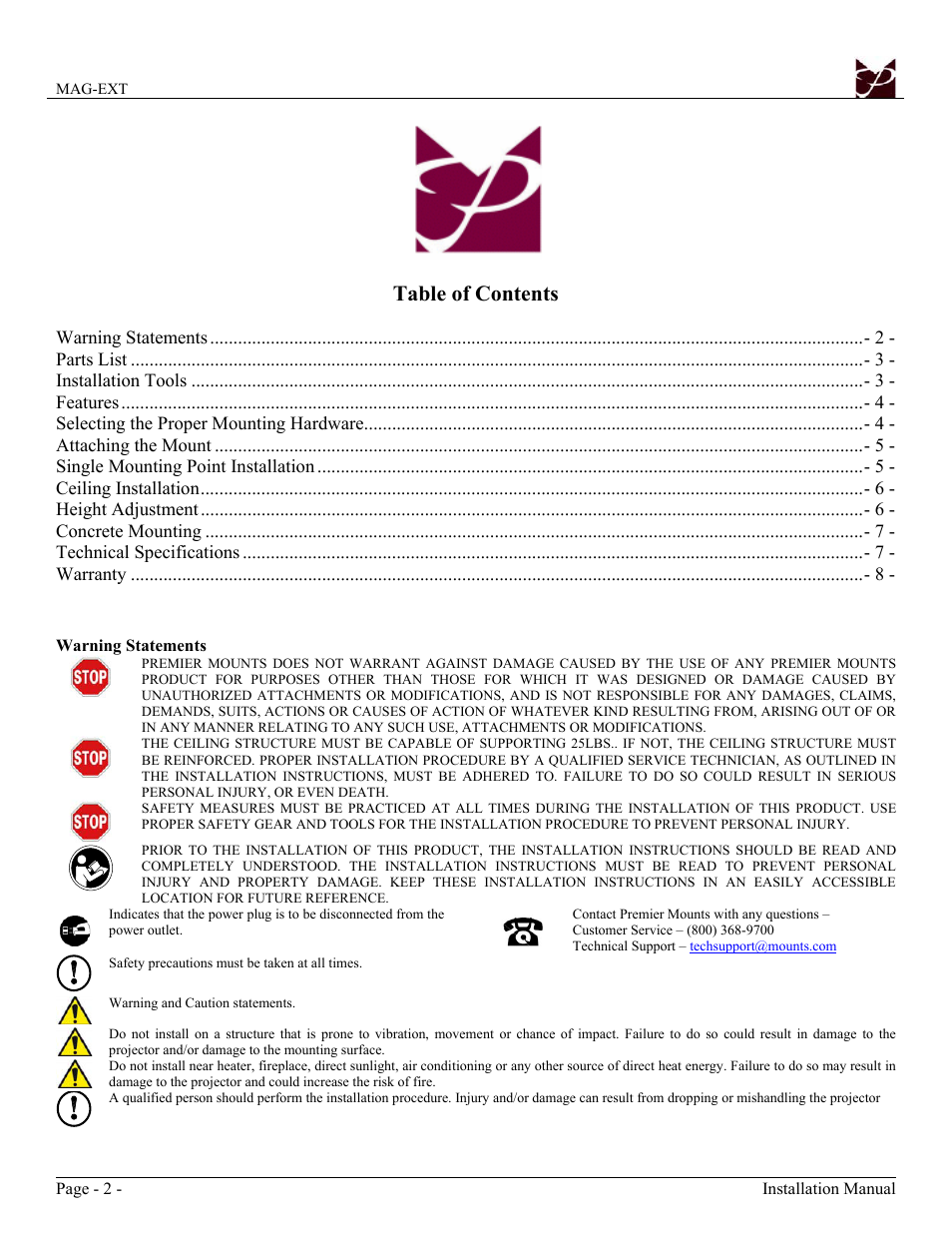 Premier Mounts Polaris Universal Projector Mount MAG-EXT User Manual | Page 2 / 8