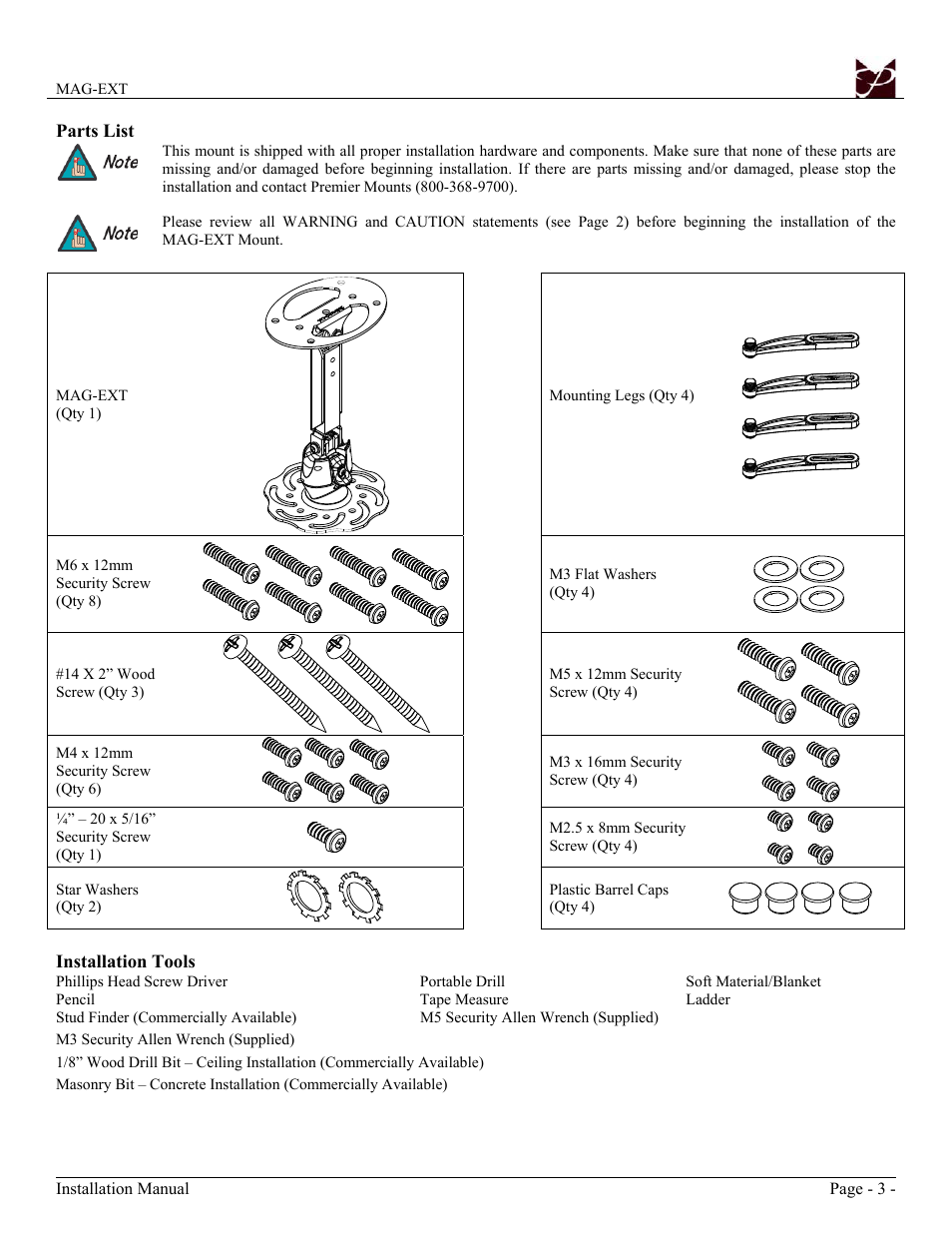 Premier Mounts Polaris Universal Projector Mount MAG-EXT User Manual | Page 3 / 8