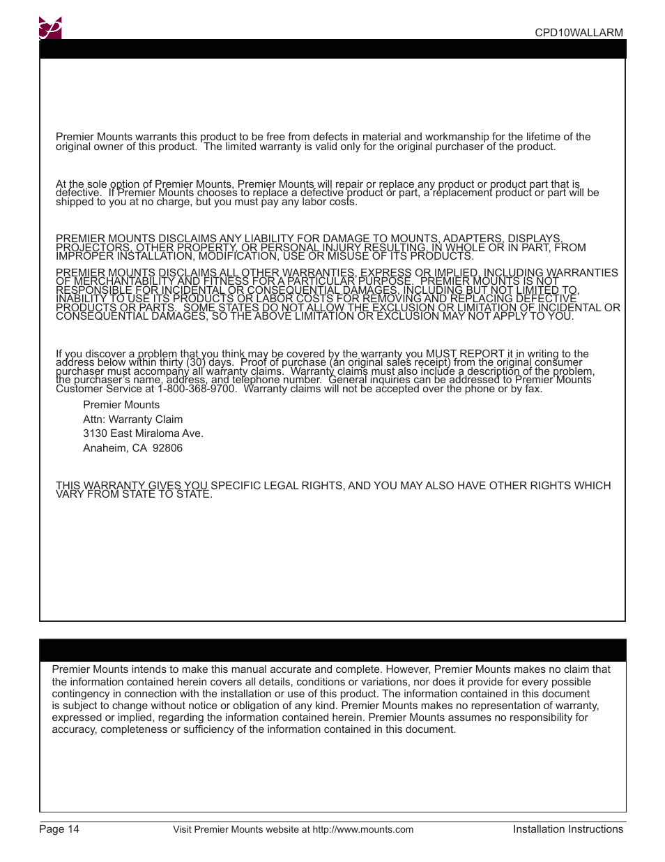 Premier Mounts CPD10WALLARM User Manual | Page 14 / 14