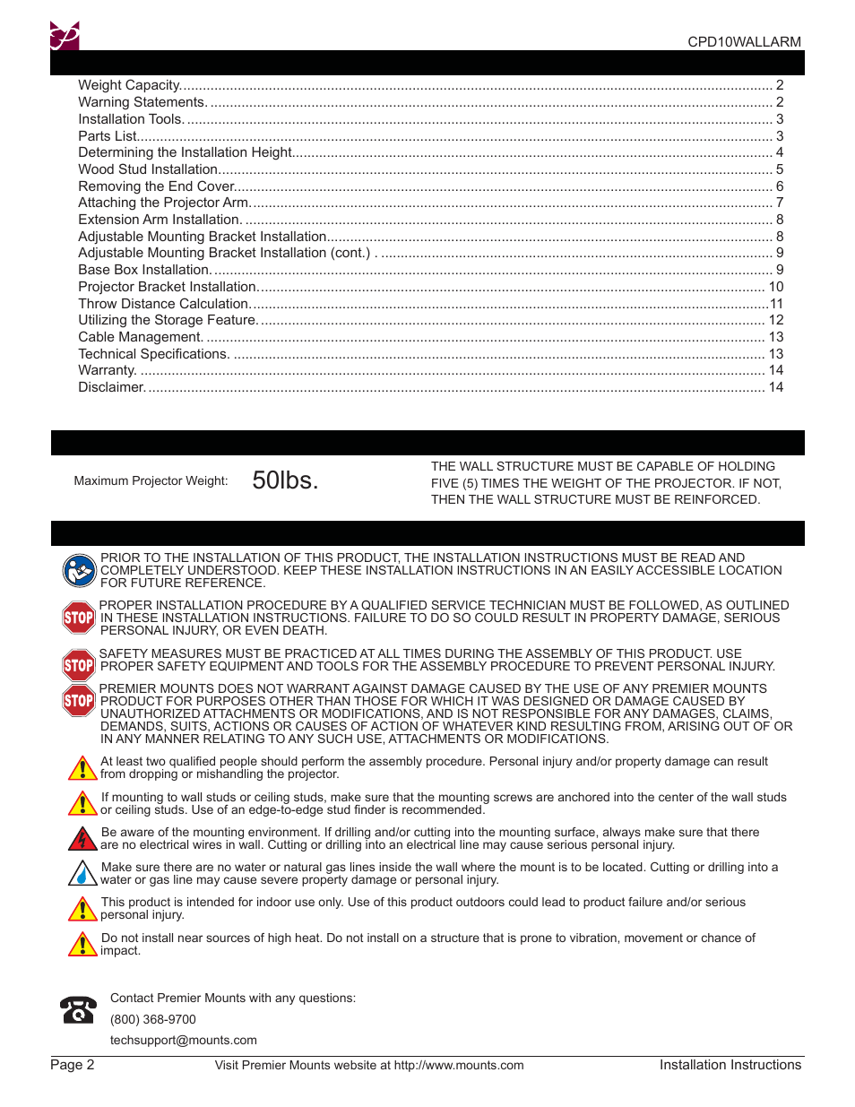 50lbs | Premier Mounts CPD10WALLARM User Manual | Page 2 / 14