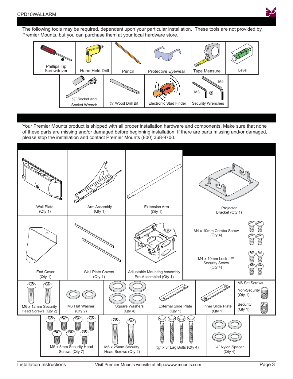 Parts list installation tools | Premier Mounts CPD10WALLARM User Manual | Page 3 / 14