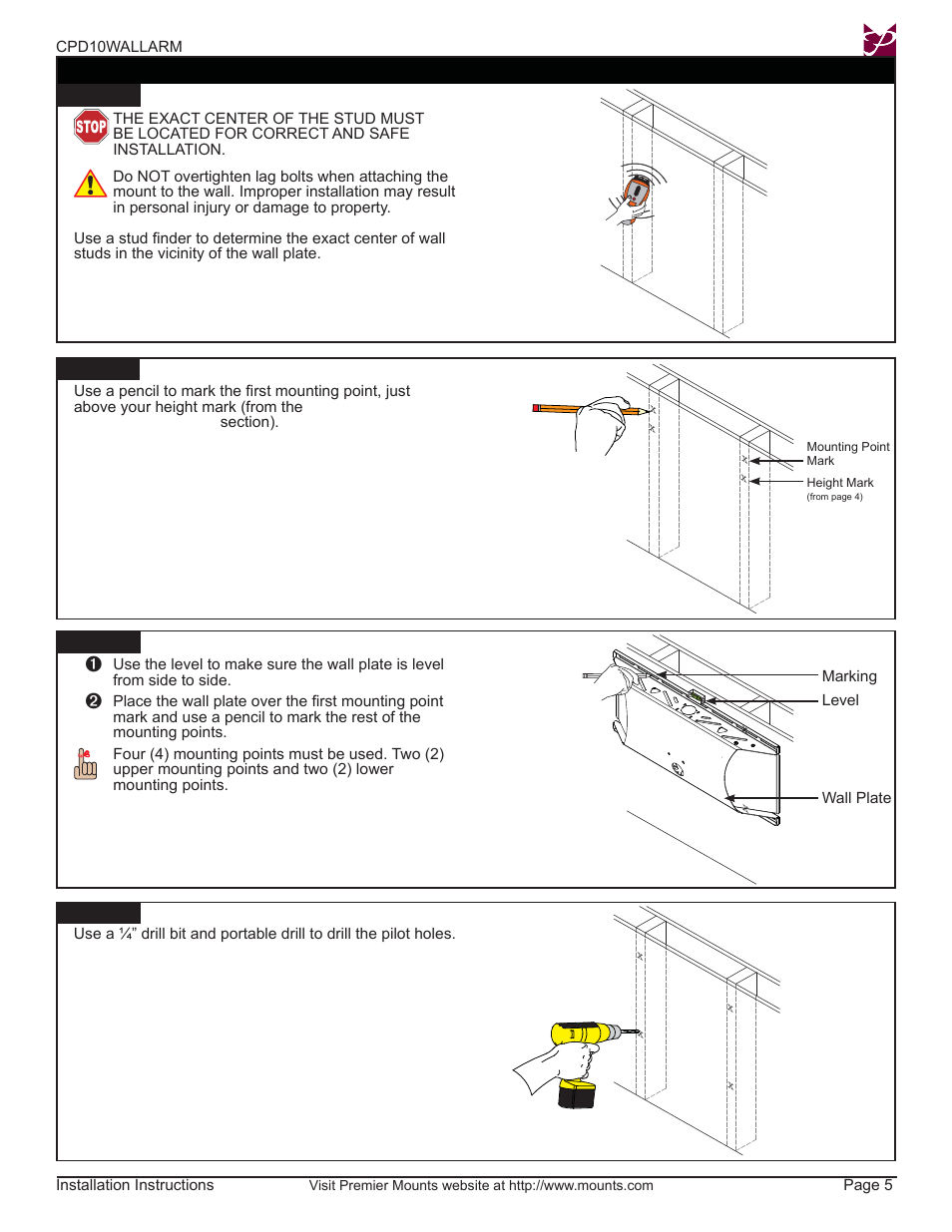 Wood stud installation | Premier Mounts CPD10WALLARM User Manual | Page 5 / 14