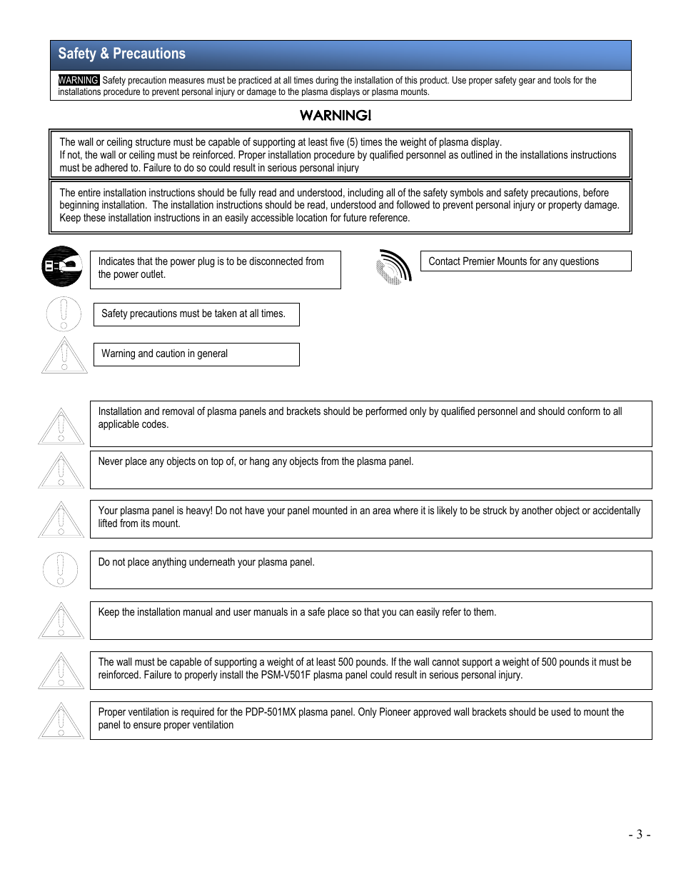 Safety & precautions | Premier Mounts PWM-503 User Manual | Page 3 / 9
