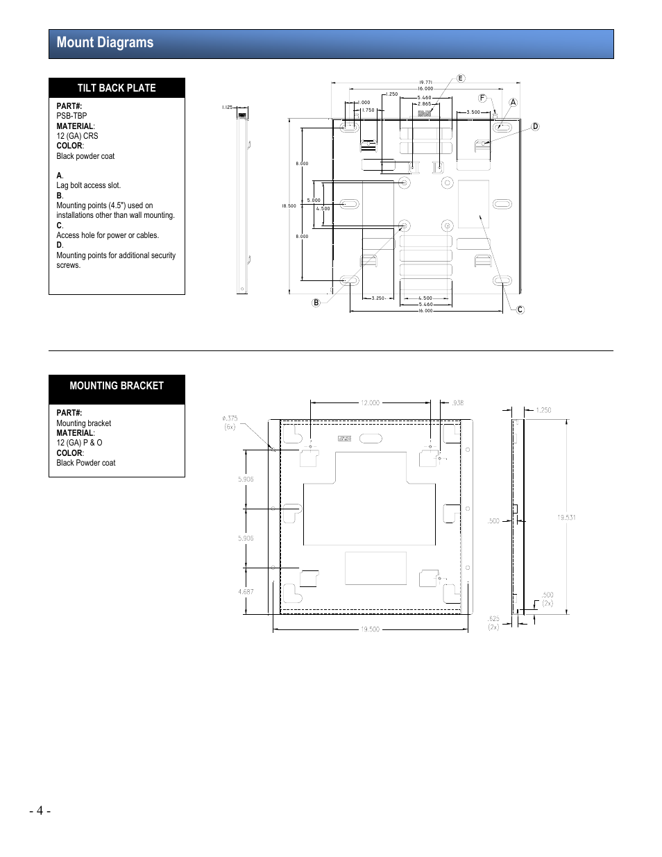 Mount diagrams, Tilt back plate mounting bracket | Premier Mounts PWM-503 User Manual | Page 4 / 9