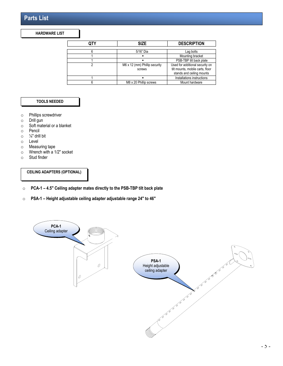 Parts list | Premier Mounts PWM-503 User Manual | Page 5 / 9