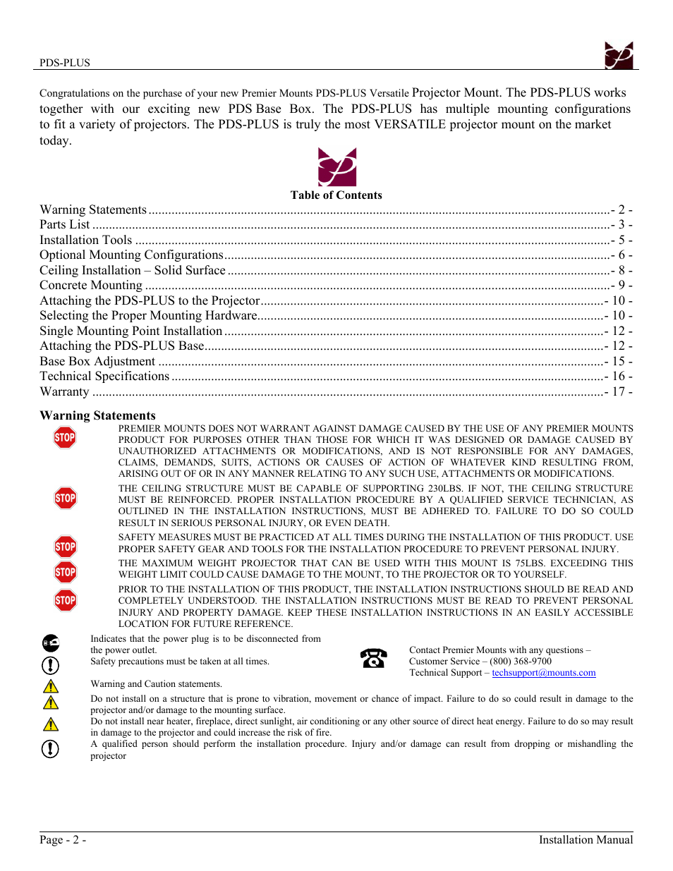 Premier Mounts Low-Profile Universal Projector Mount PDS-PLUS User Manual | Page 2 / 17