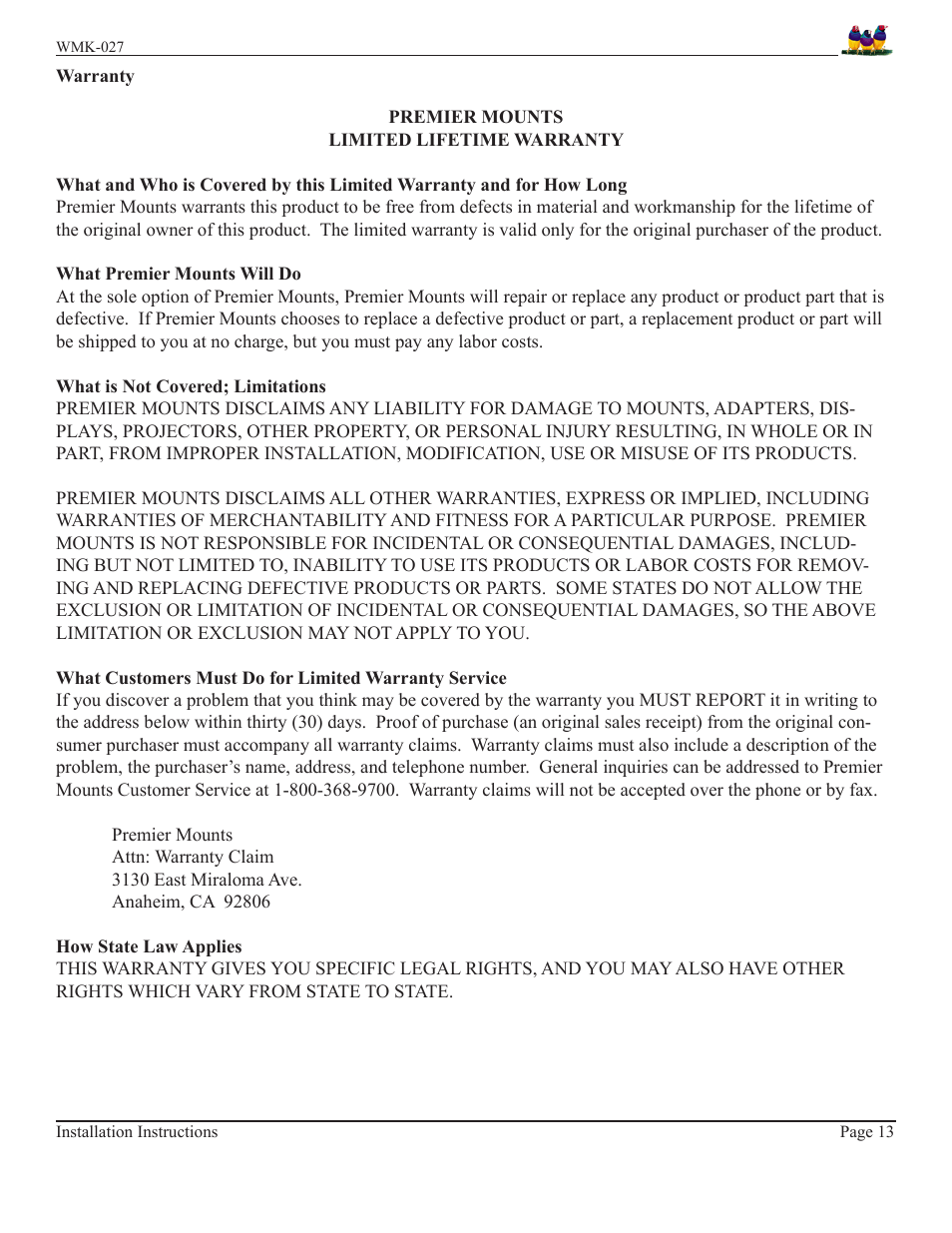 Premier Mounts WMK-027 User Manual | Page 13 / 13