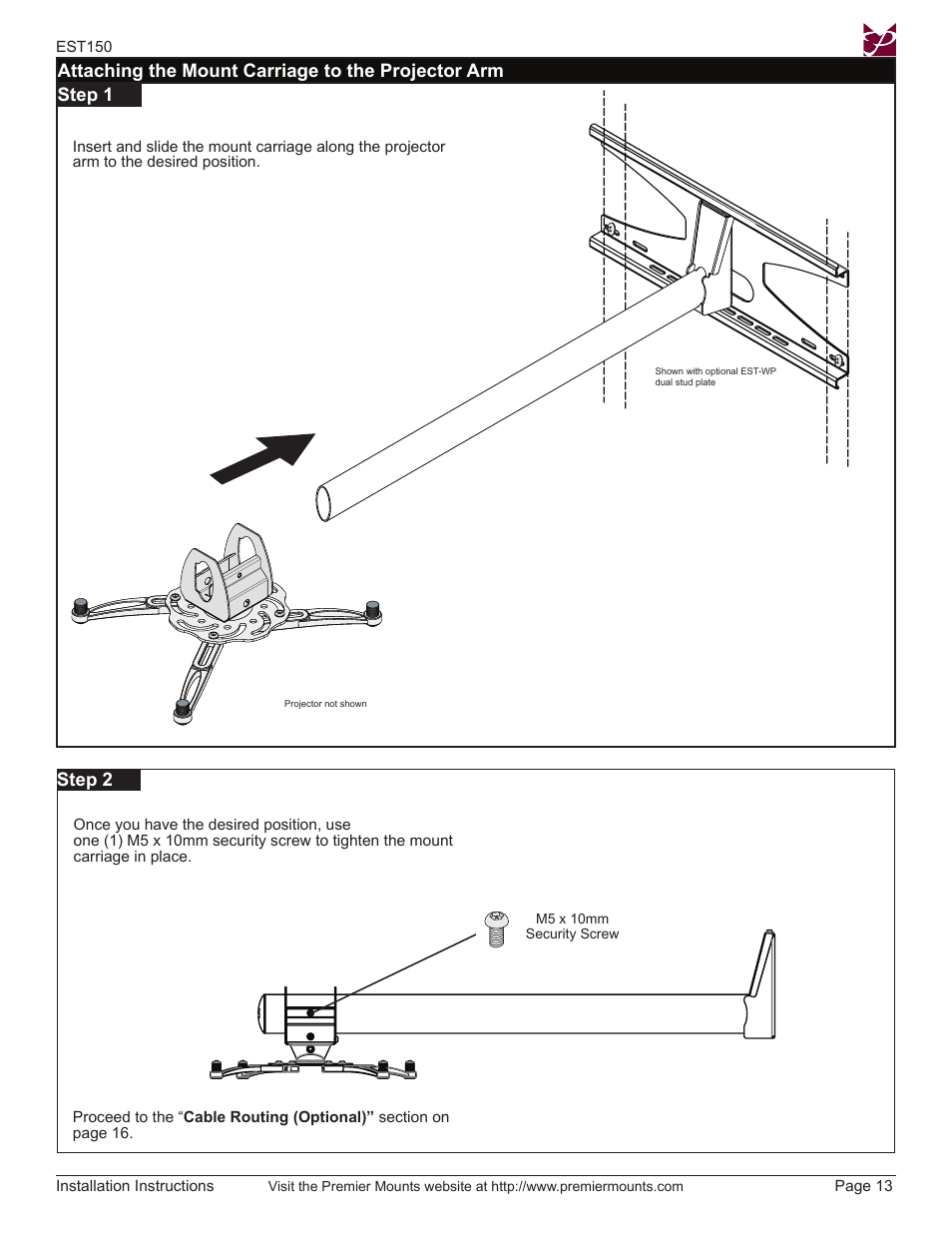 Attaching the mount carriage to the projector arm, Step 1, Step 2 | Premier Mounts EST150 User Manual | Page 13 / 16