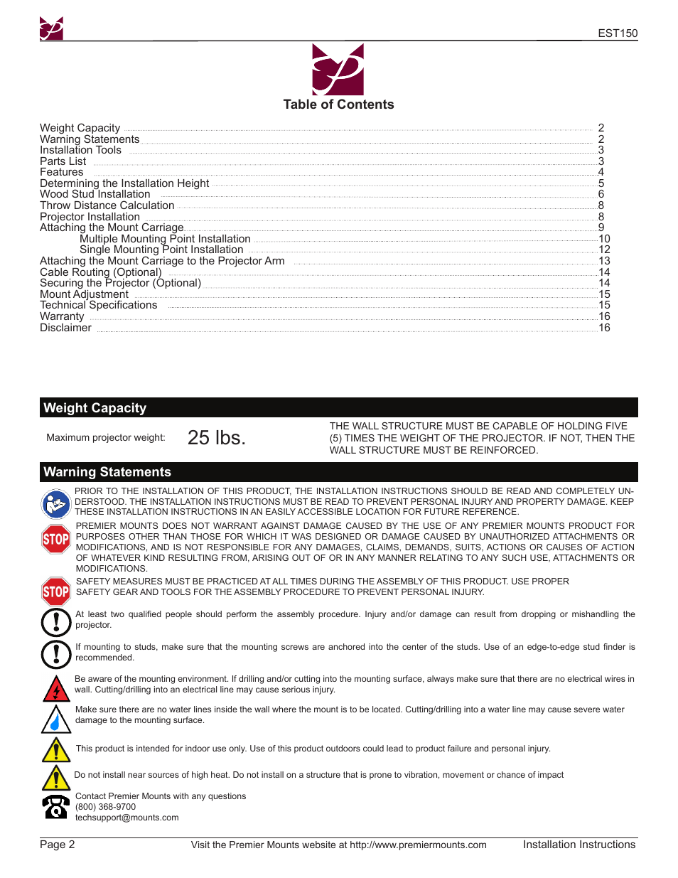 25 lbs | Premier Mounts EST150 User Manual | Page 2 / 16