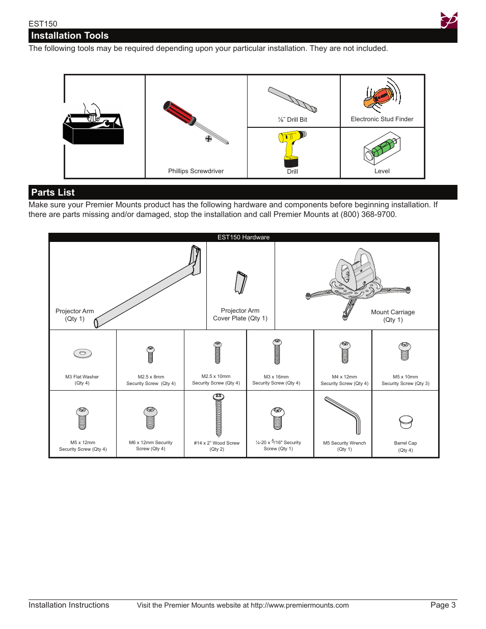 Parts list installation tools, Est150 installation instructions, Page 3 | Premier Mounts EST150 User Manual | Page 3 / 16