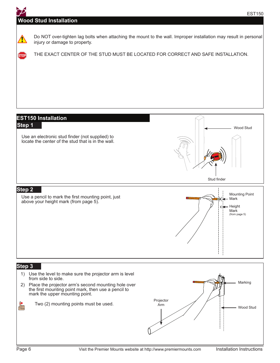 Wood stud installation, Step 1 step 2, Step 3 | Est150 installation | Premier Mounts EST150 User Manual | Page 6 / 16