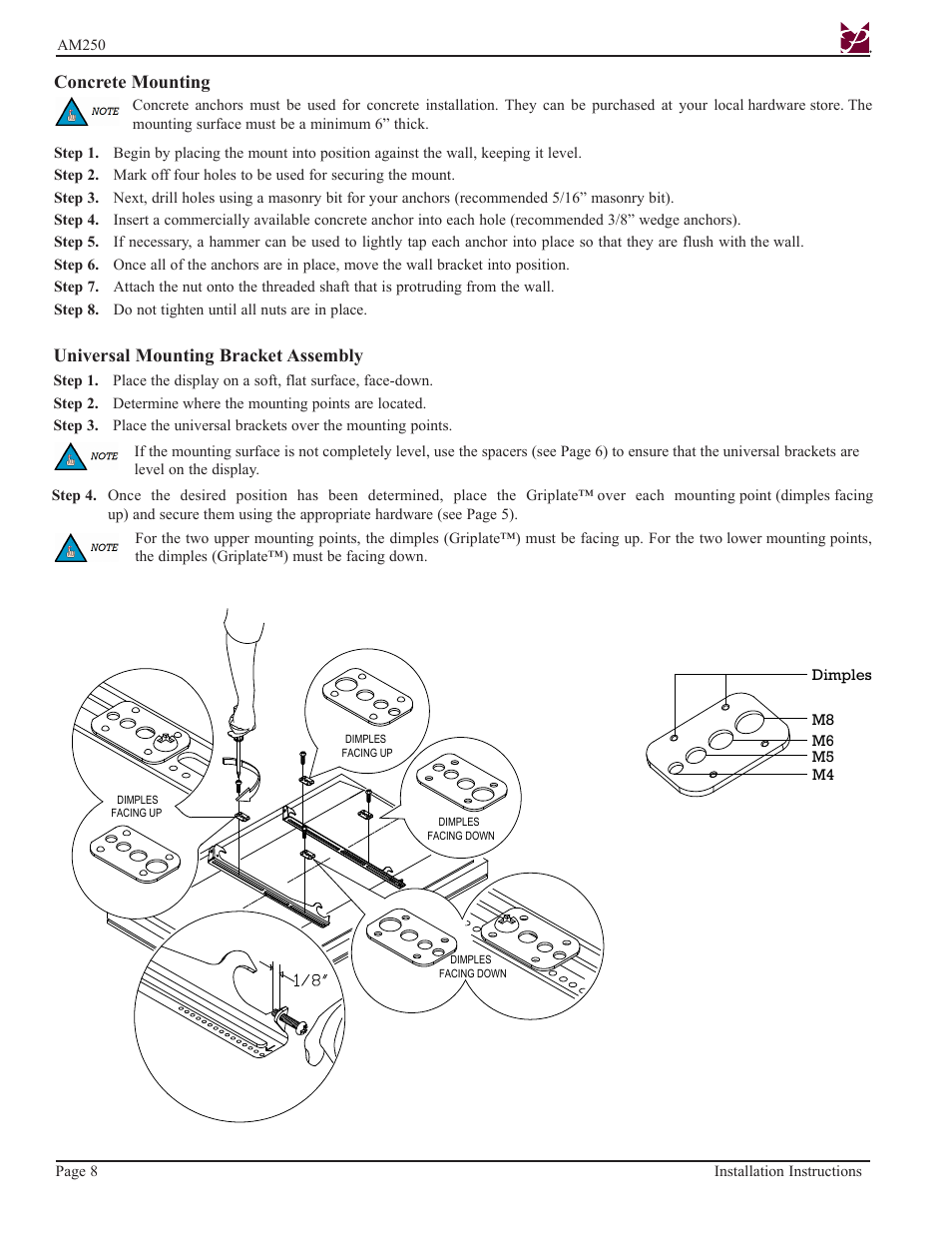 Universal mounting bracket assembly, Concrete mounting | Premier Mounts AM250-FLIP User Manual | Page 8 / 12