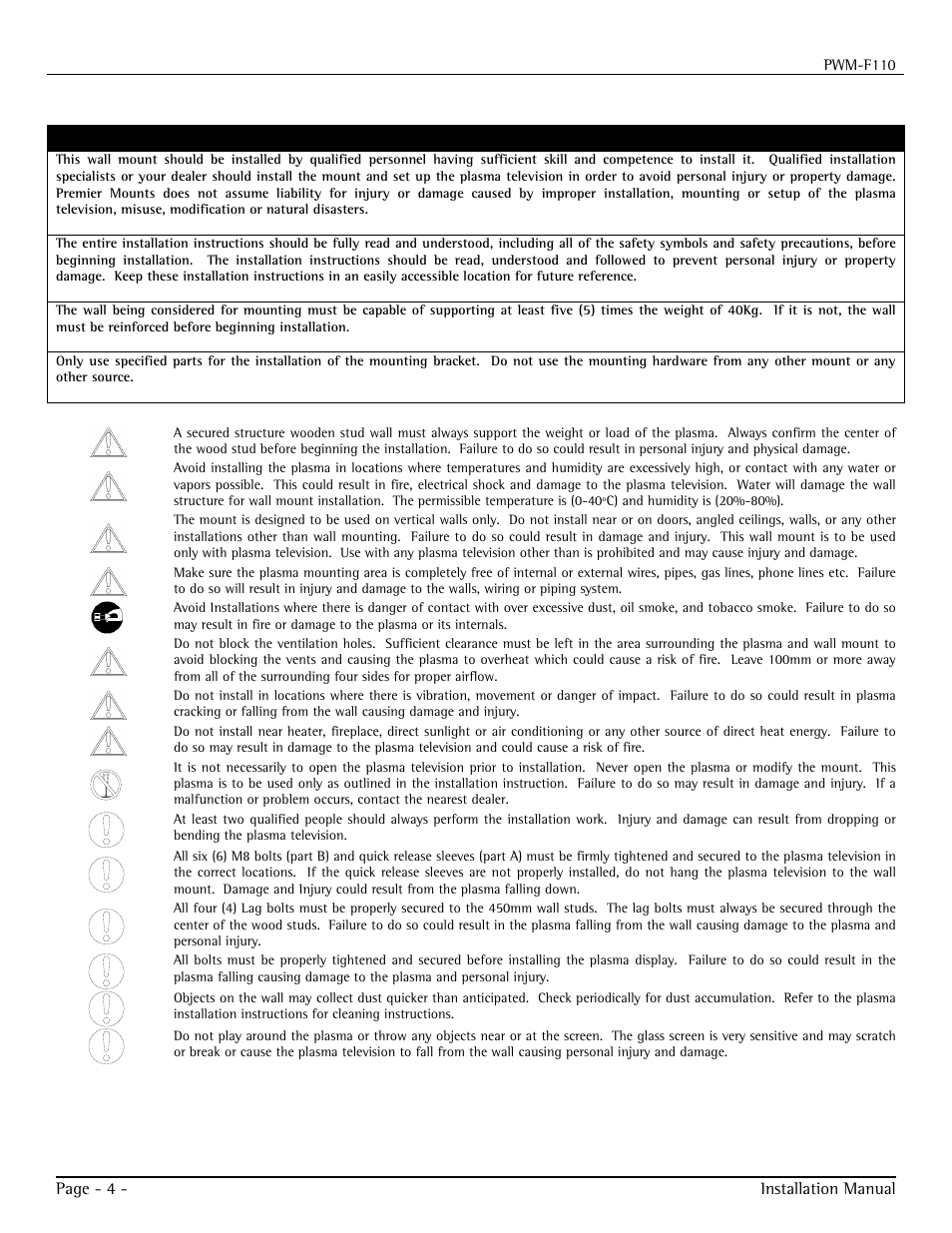 Warning statements, Safety precautions | Premier Mounts PWM-F110 User Manual | Page 4 / 18