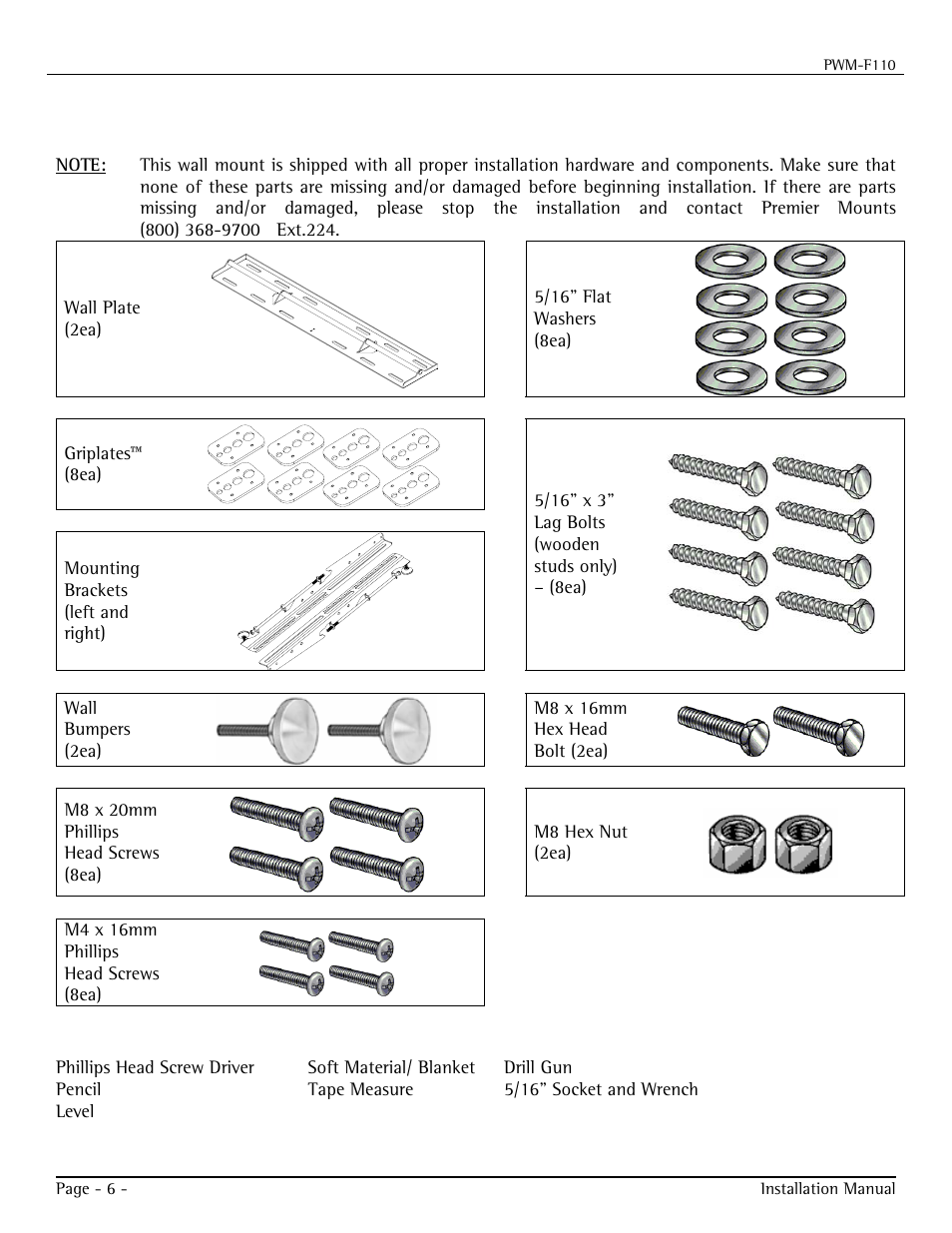 Parts list, Installation tools | Premier Mounts PWM-F110 User Manual | Page 6 / 18