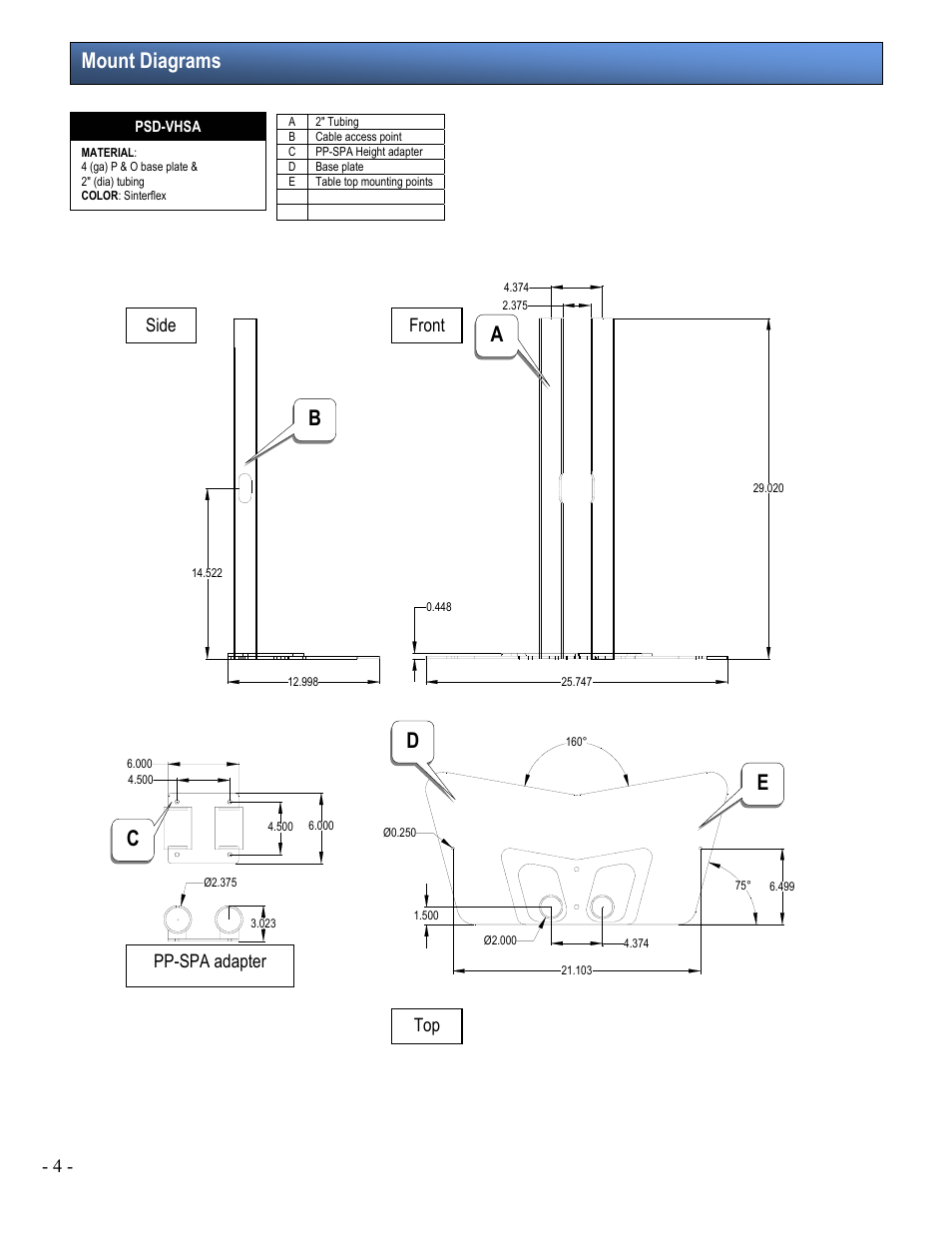 Mount diagrams, Ab d e c, Side front top | Pp-spa adapter | Premier Mounts PSD-VHSA User Manual | Page 4 / 7