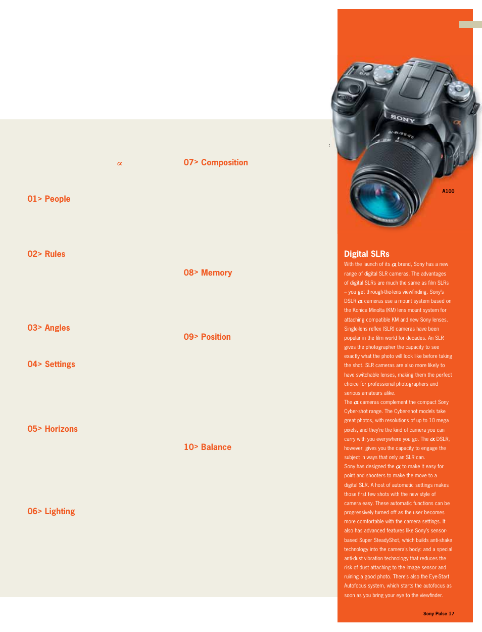 01> people, 02> rules, 03> angles | 04> settings, 05> horizons, 06> lighting, 07> composition, 09> position, 10> balance, Digital slrs | Premier Mounts bravia X series User Manual | Page 13 / 21
