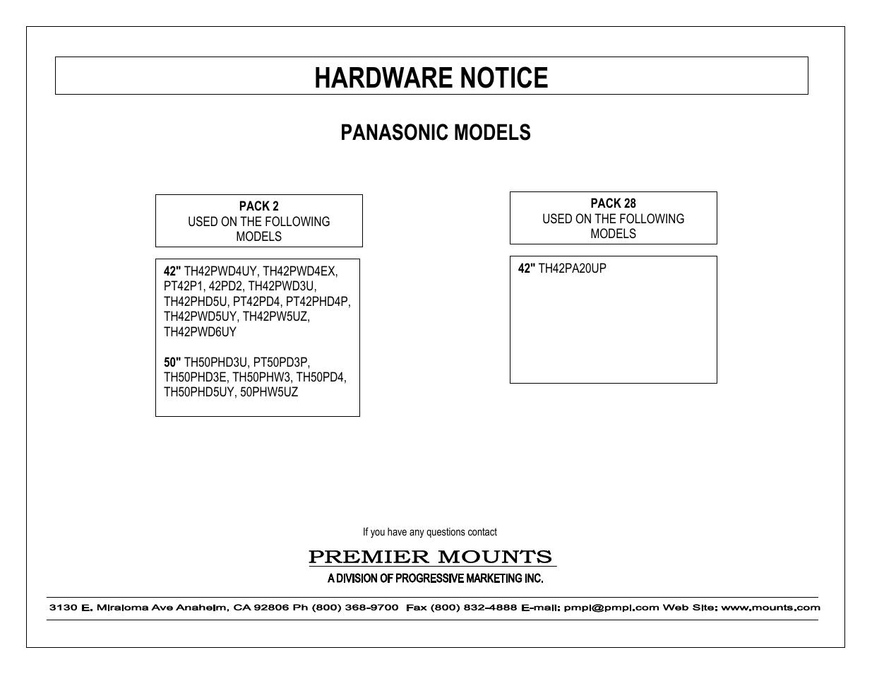 Hardware notice, Panasonic models | Premier Mounts PSM-442F User Manual | Page 11 / 12