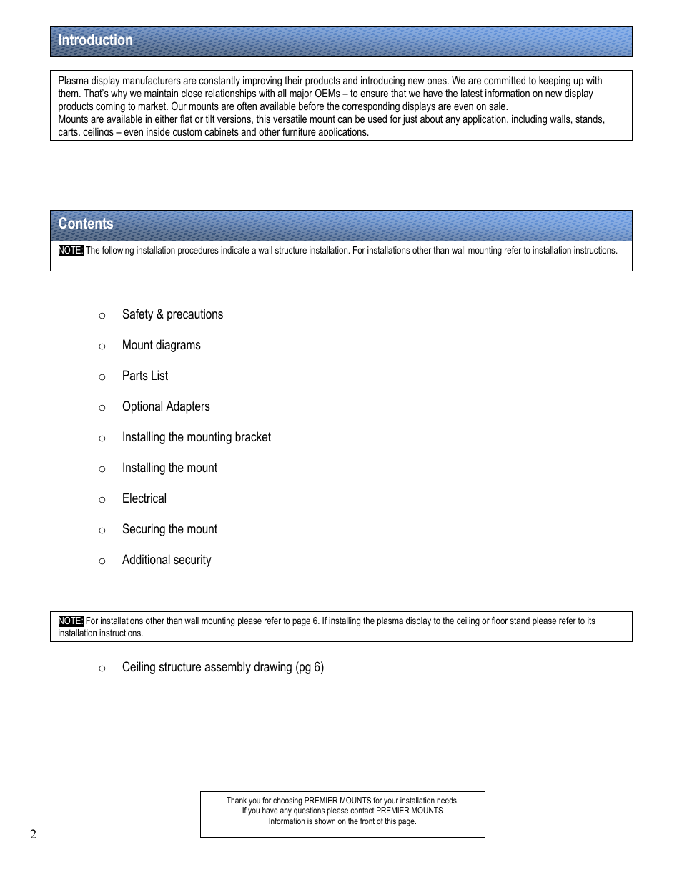 Contents introduction | Premier Mounts PSM-442F User Manual | Page 2 / 12