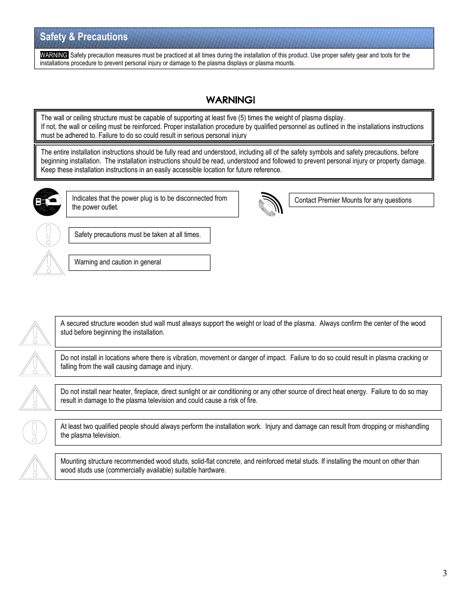 Safety & precautions | Premier Mounts PSM-442F User Manual | Page 3 / 12