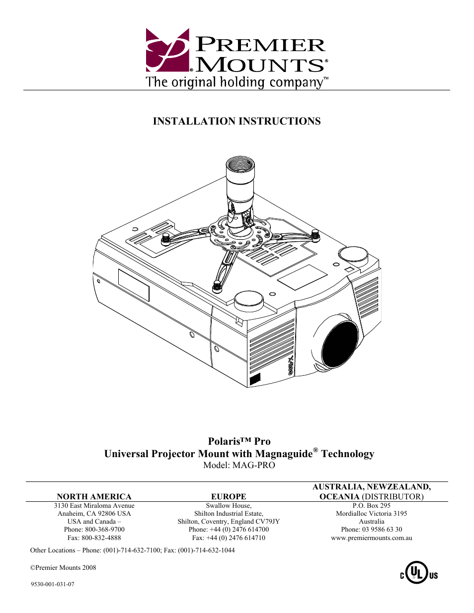 Premier Mounts Polaris Universal Projector Mount MAG-PRO User Manual | 8 pages