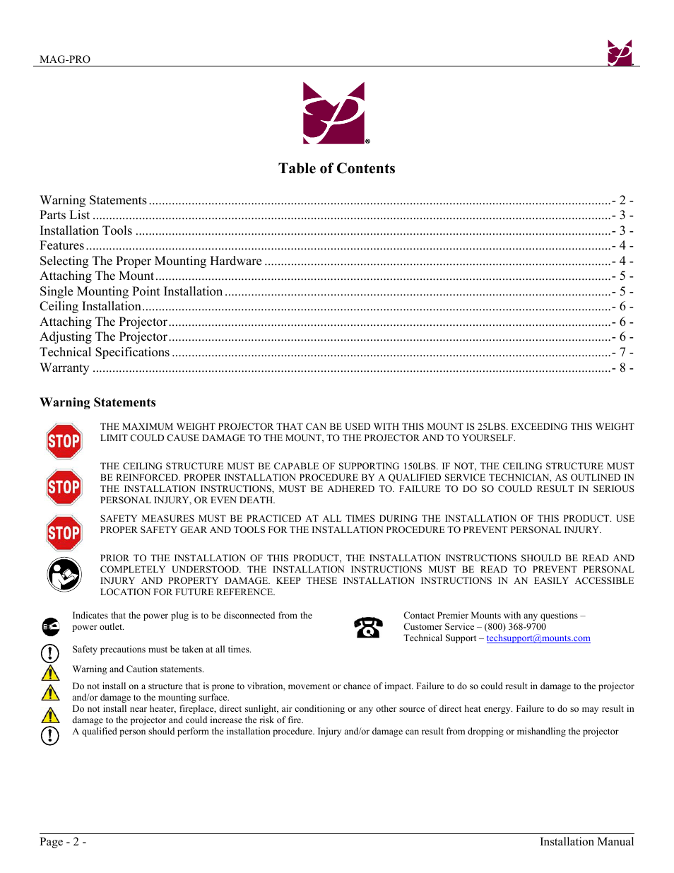 Premier Mounts Polaris Universal Projector Mount MAG-PRO User Manual | Page 2 / 8