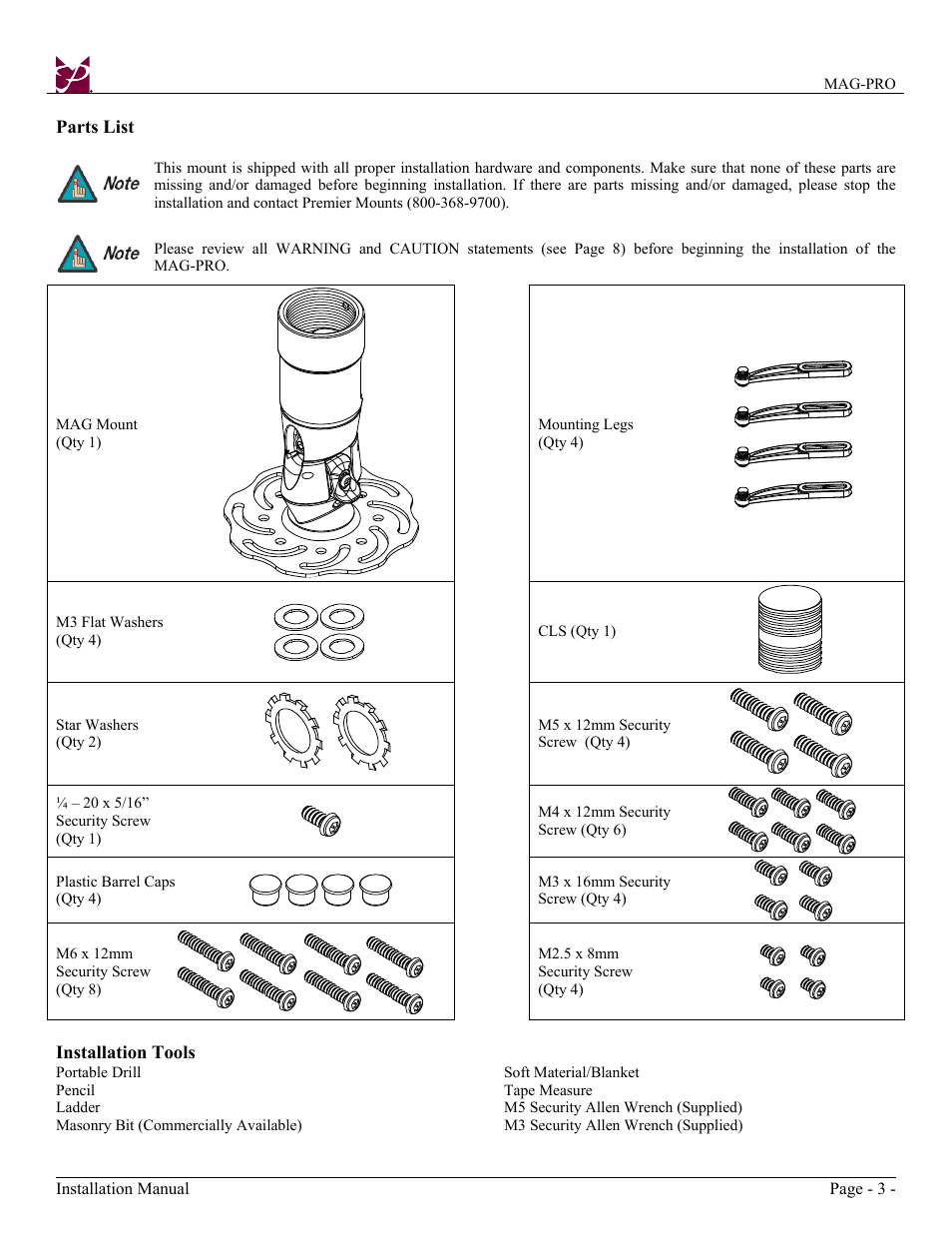 Premier Mounts Polaris Universal Projector Mount MAG-PRO User Manual | Page 3 / 8