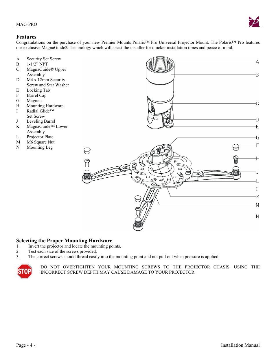 Premier Mounts Polaris Universal Projector Mount MAG-PRO User Manual | Page 4 / 8