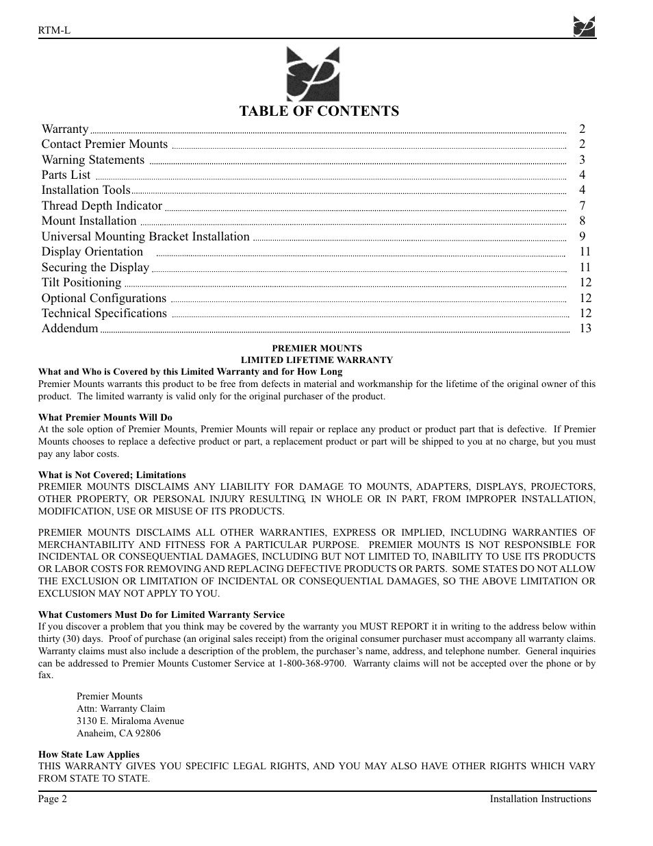 Premier Mounts MOUNTS PSD-BWL User Manual | Page 10 / 22