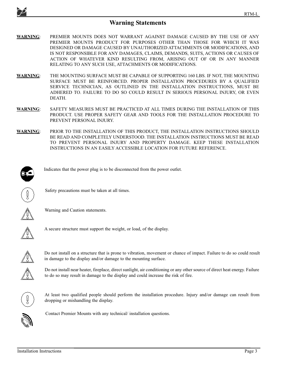 Warning statements | Premier Mounts MOUNTS PSD-BWL User Manual | Page 11 / 22