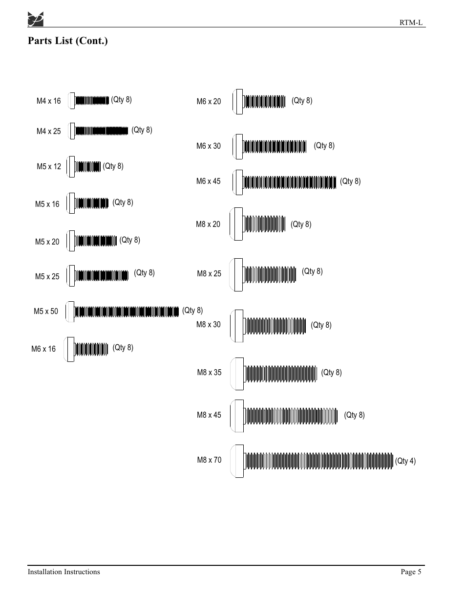 Parts list (cont.) | Premier Mounts MOUNTS PSD-BWL User Manual | Page 13 / 22