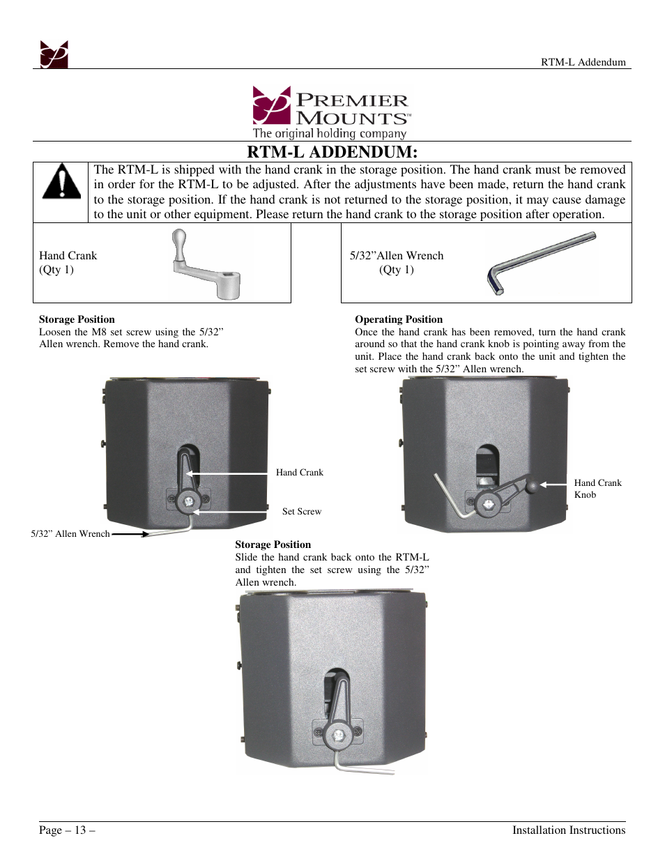 Rtm-l addendum | Premier Mounts MOUNTS PSD-BWL User Manual | Page 21 / 22