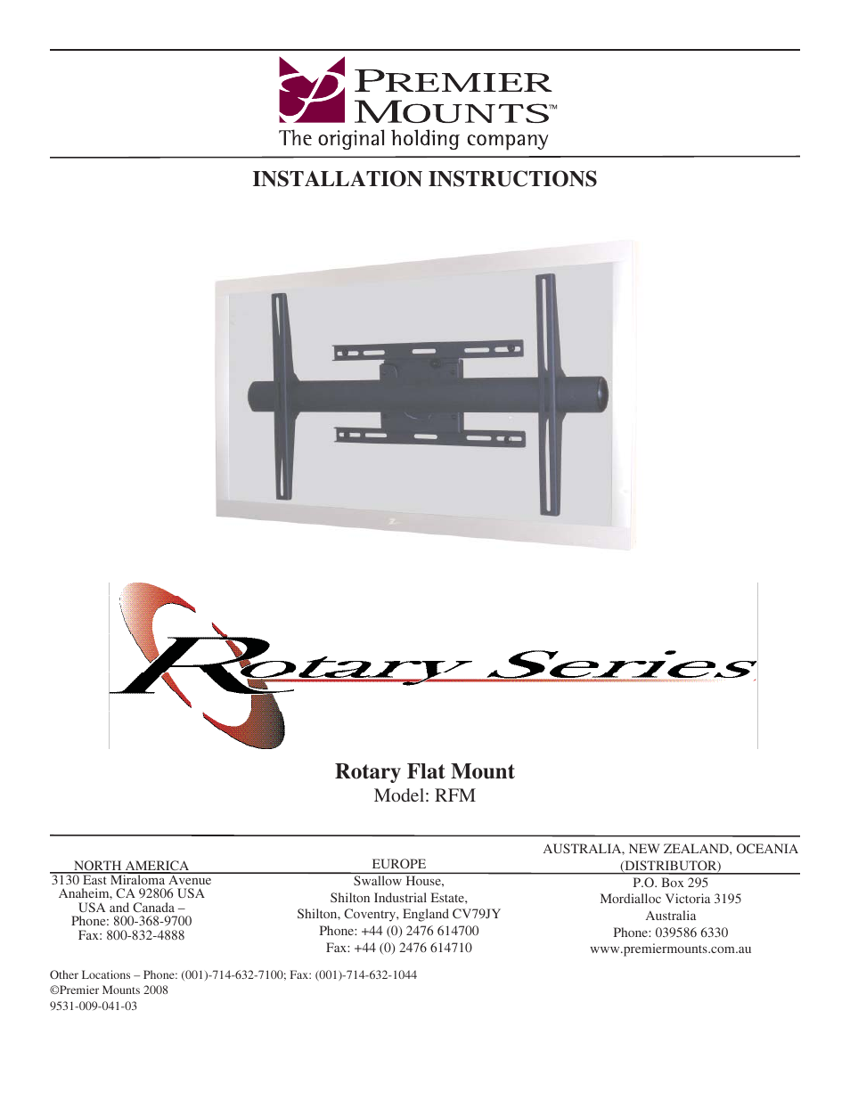 Premier Mounts Rotary series User Manual | 11 pages