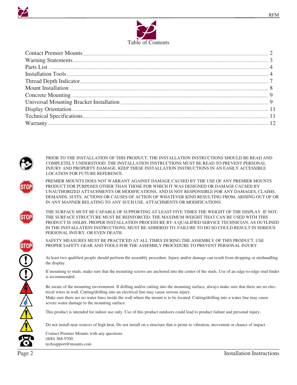 Premier Mounts Rotary series User Manual | Page 2 / 11