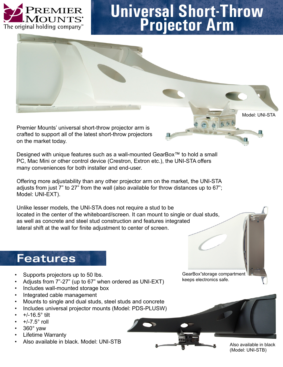 Premier Mounts Universal Short-Throw Projector Arm UNI-STA User Manual | 2 pages