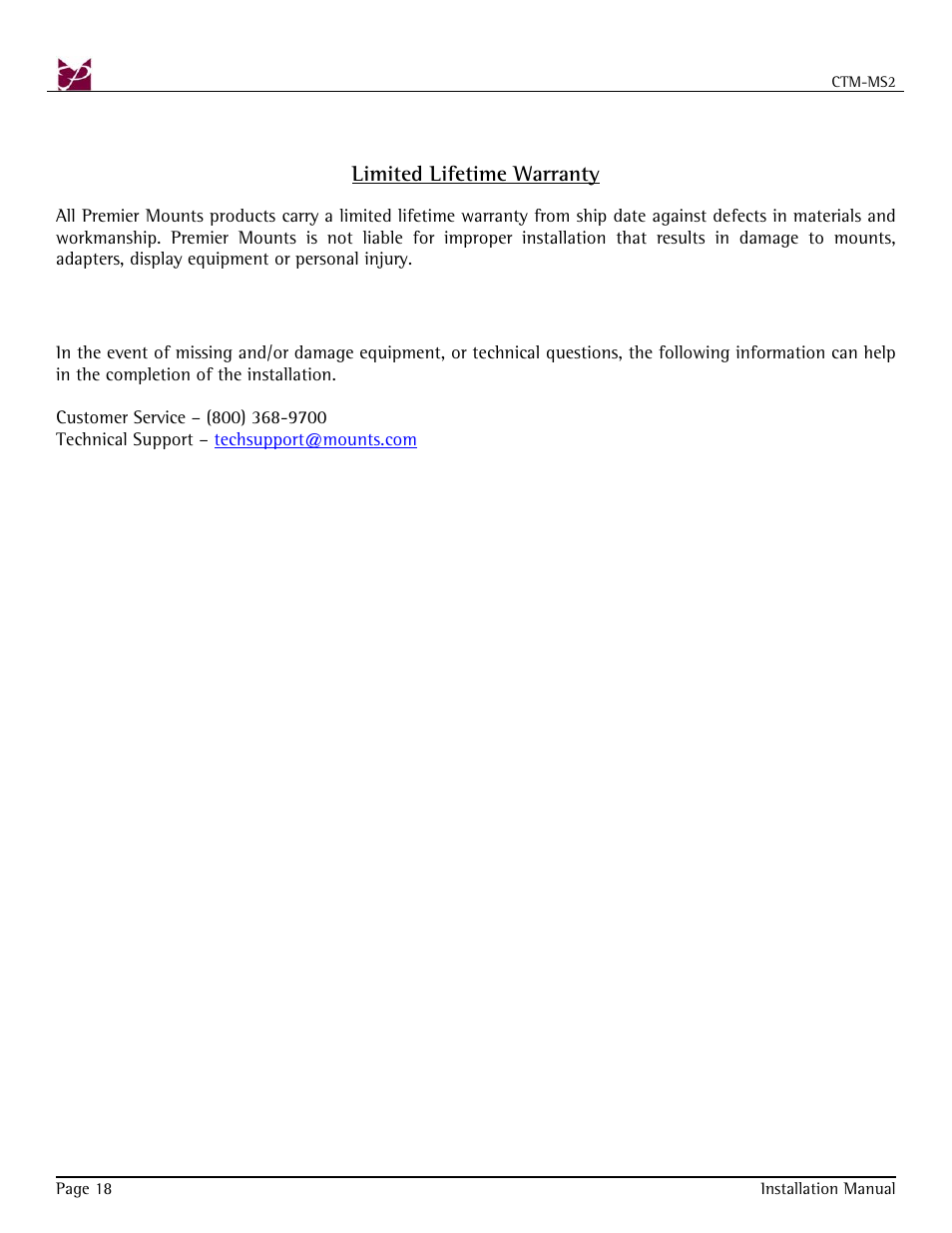 Warranty, Contact premier mounts | Premier Mounts CTM-MS2 User Manual | Page 18 / 22