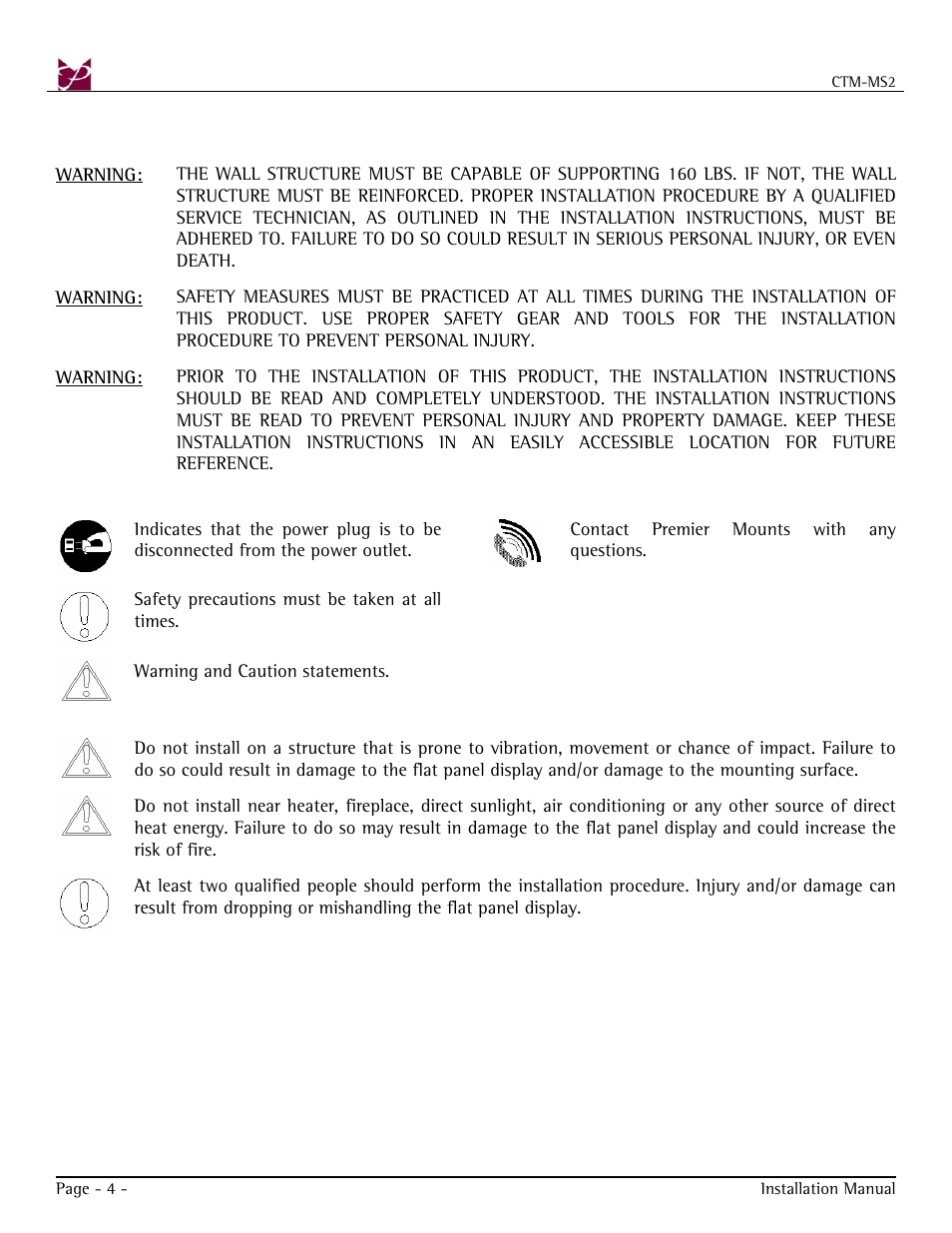 Warning statements | Premier Mounts CTM-MS2 User Manual | Page 4 / 22