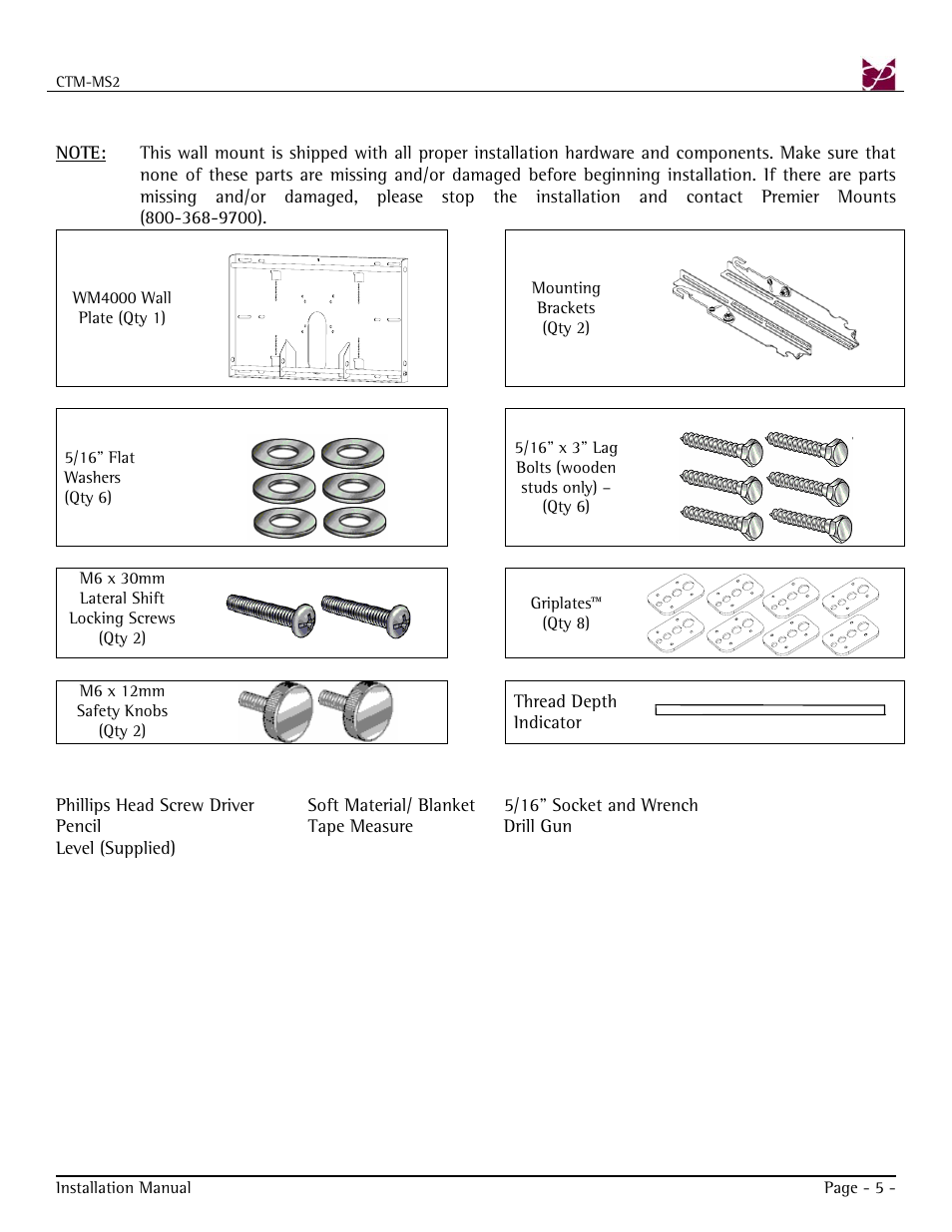 Parts list, Installation tools | Premier Mounts CTM-MS2 User Manual | Page 5 / 22