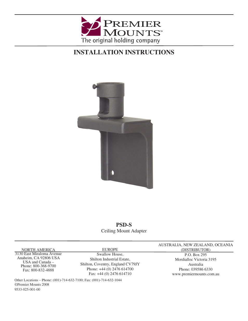 Premier Mounts PSD-S User Manual | 9 pages