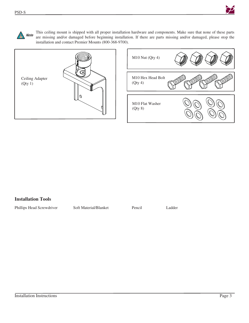 Premier Mounts PSD-S User Manual | Page 3 / 9