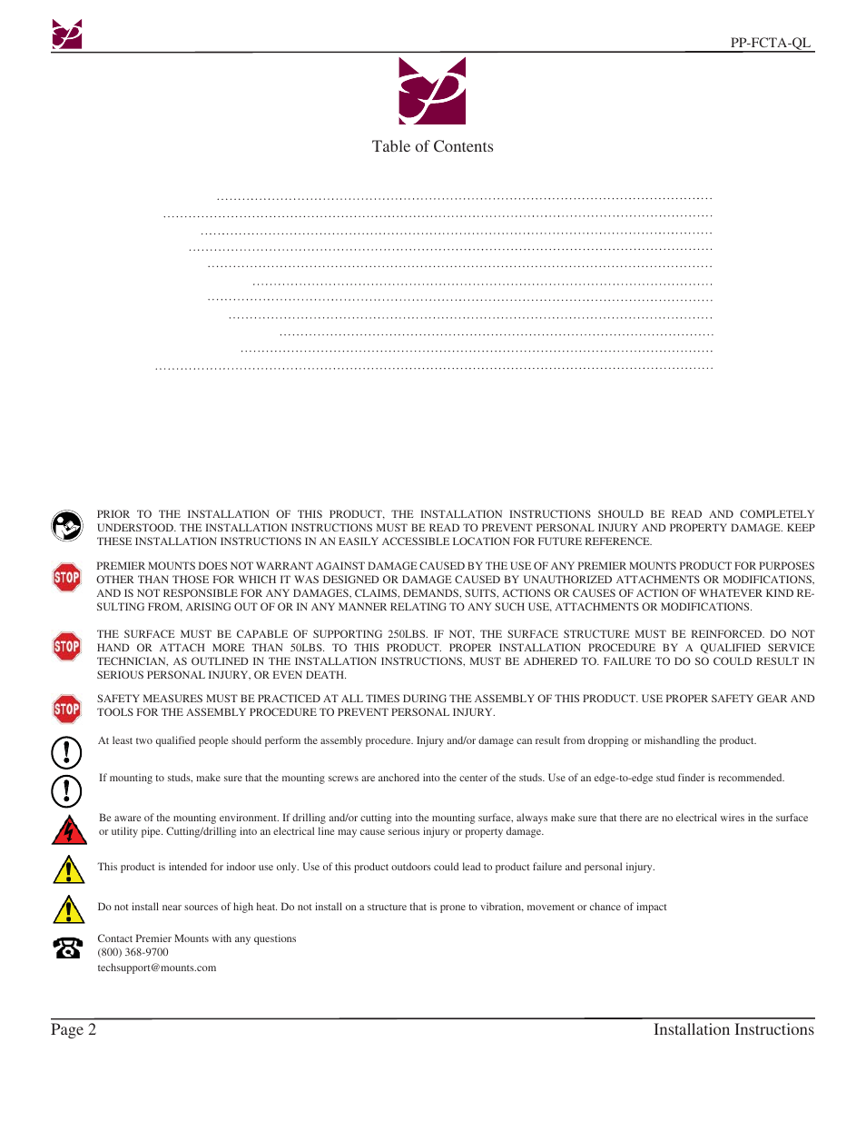 Premier Mounts PP-FCTA-QL User Manual | Page 2 / 11