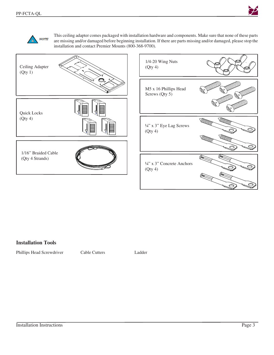 Premier Mounts PP-FCTA-QL User Manual | Page 3 / 11