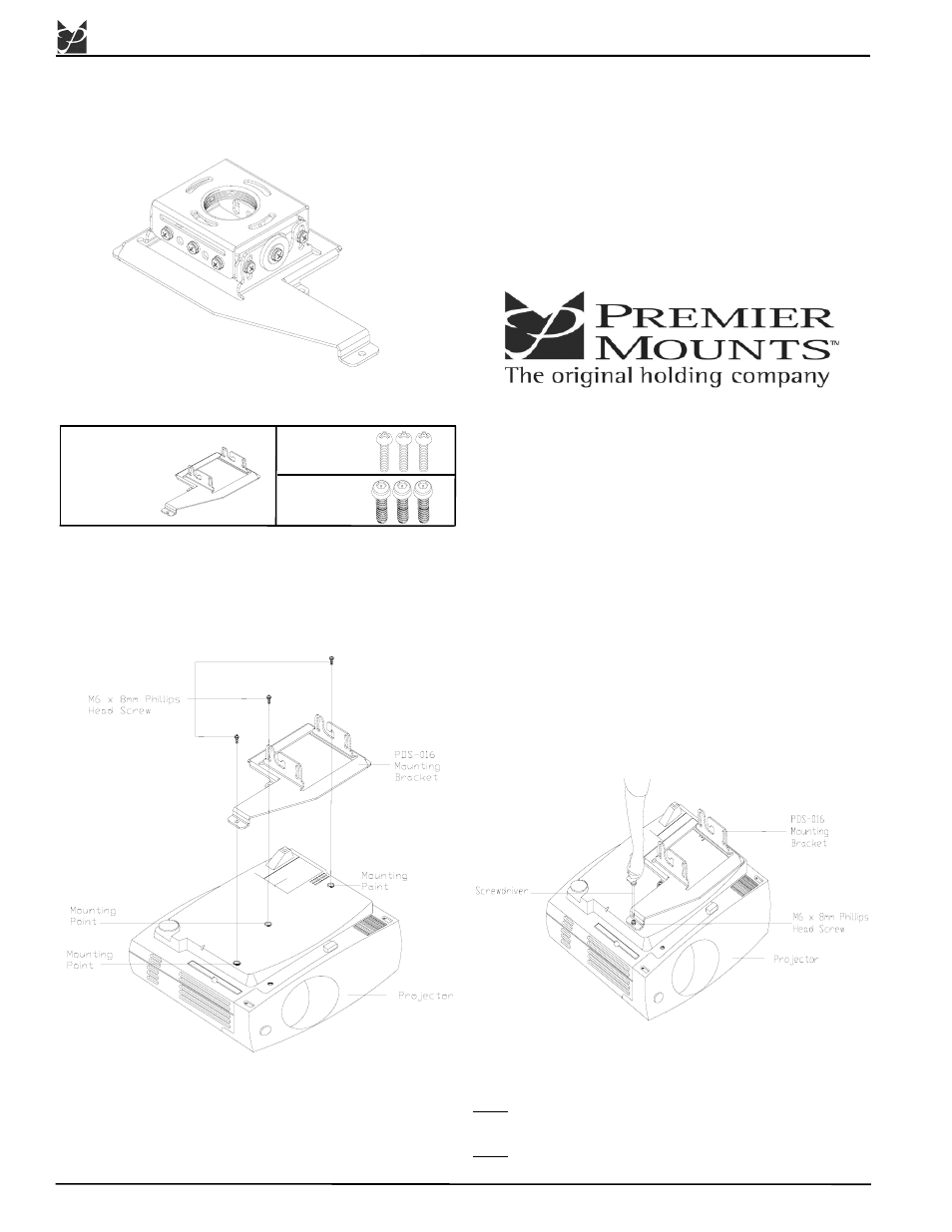 Premier Mounts Low-Profile Dedicated Projector Mount PDS-016 User Manual | 2 pages