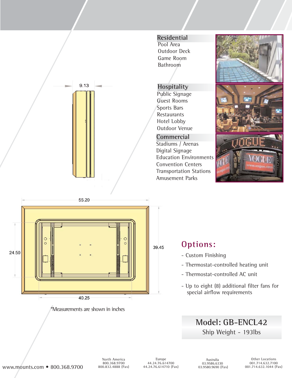 Applica tions, Model: gb-encl42, Options | Premier Mounts GB-ENCL42 User Manual | Page 2 / 2