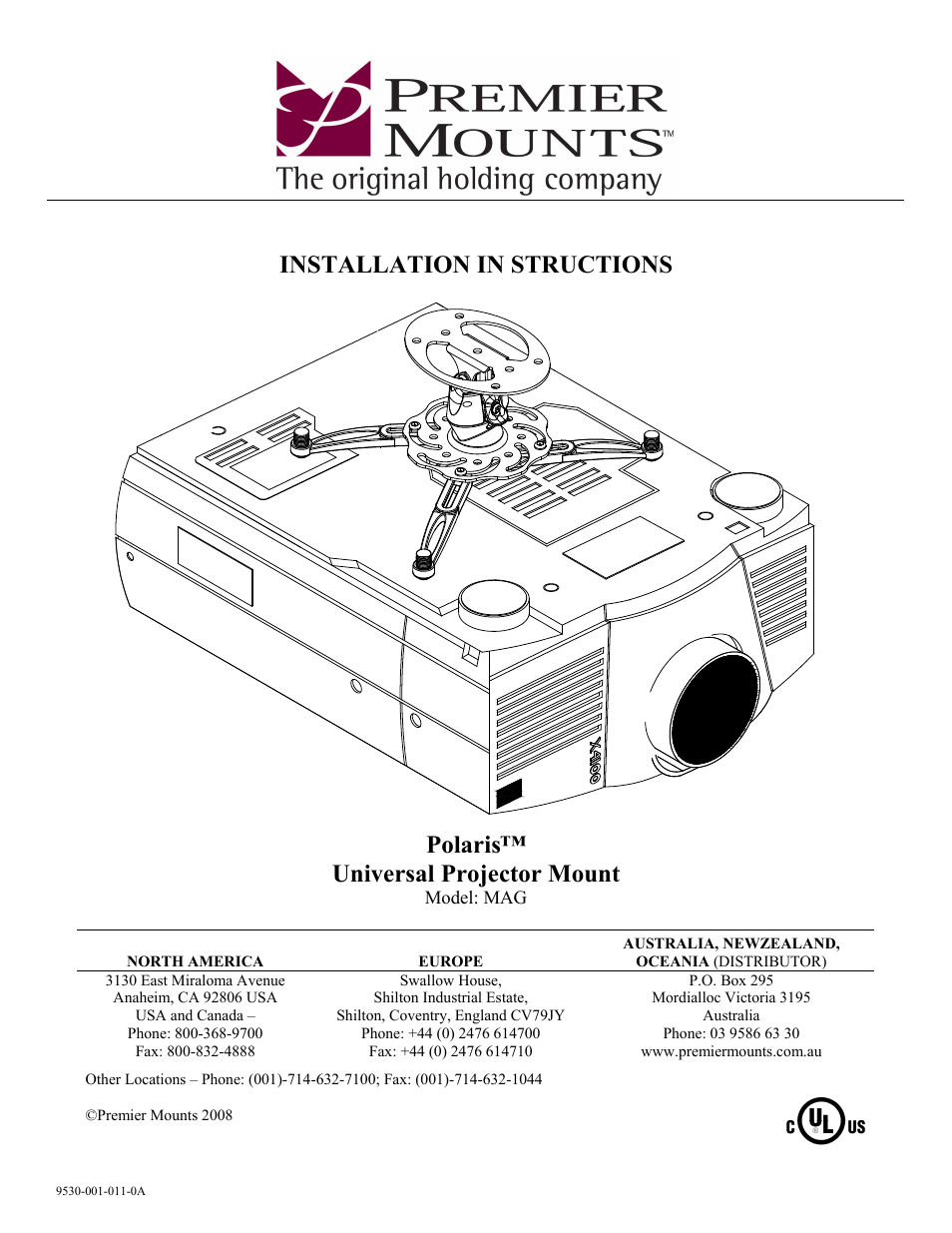 Premier Mounts Polaris Universal Projector Mount MAG User Manual | 8 pages