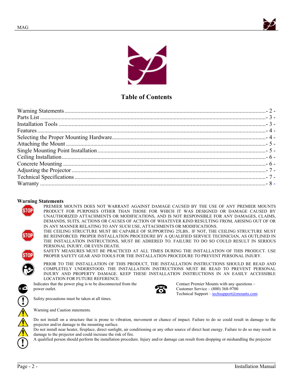 Premier Mounts Polaris Universal Projector Mount MAG User Manual | Page 2 / 8