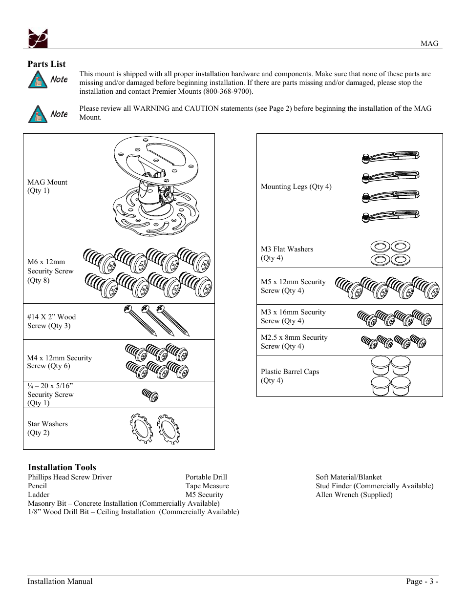 Premier Mounts Polaris Universal Projector Mount MAG User Manual | Page 3 / 8