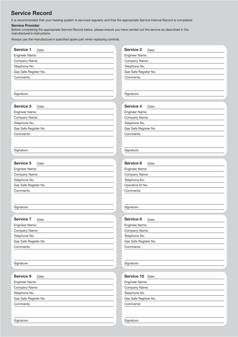 Service record | Baxi Potterton Heatmax Combi HE Condensing Combination Boiler User Manual | Page 59 / 60