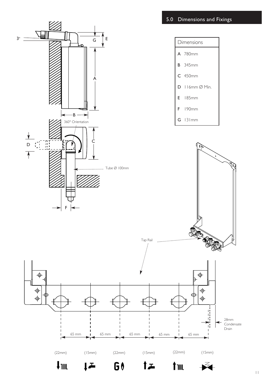 0 dimensions and fixings, Dimensions | Baxi Potterton 80 HE User Manual | Page 11 / 52