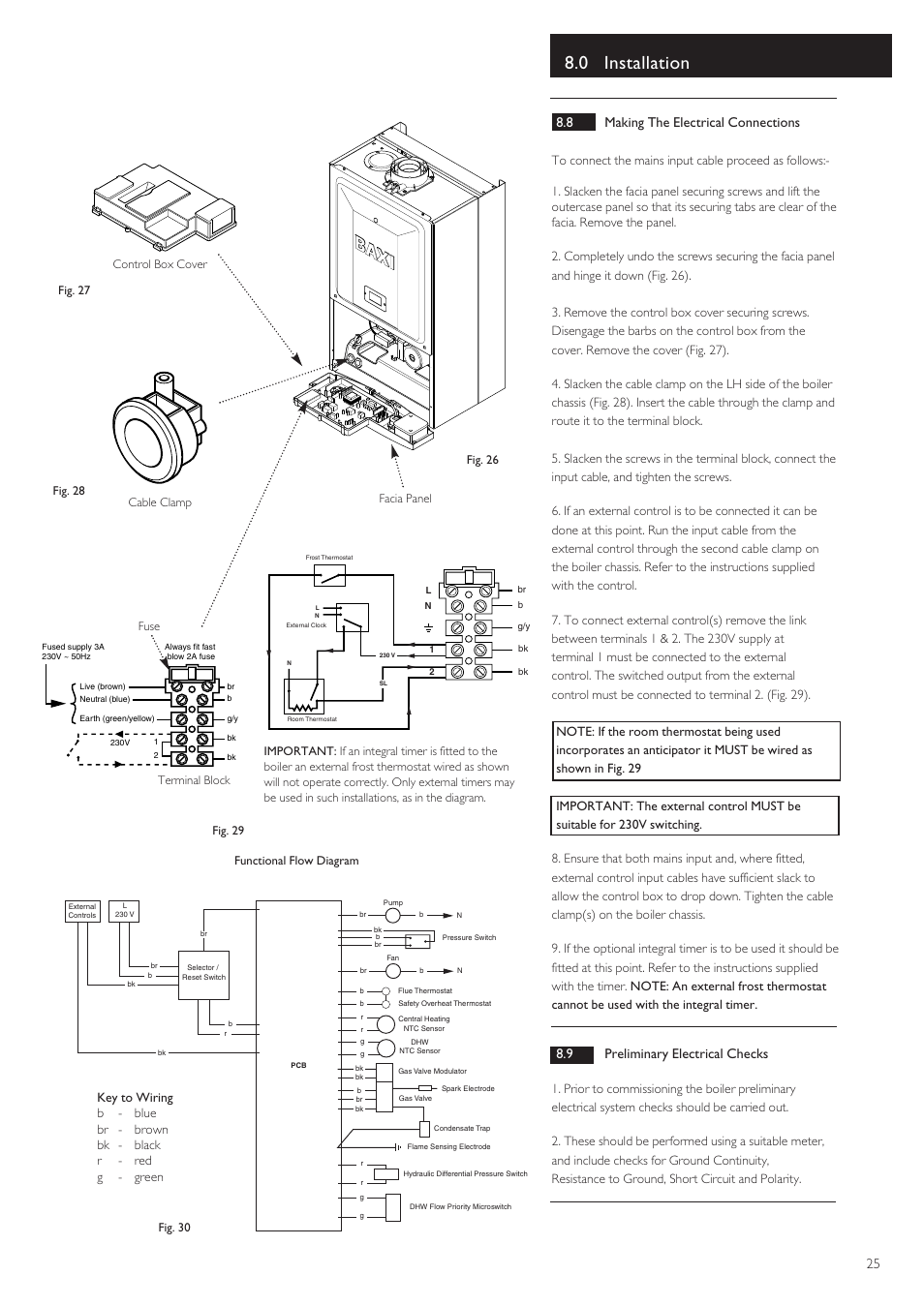 0 installation, 25 8.8 making the electrical connections, 9 preliminary electrical checks | Baxi Potterton 80 HE User Manual | Page 25 / 52